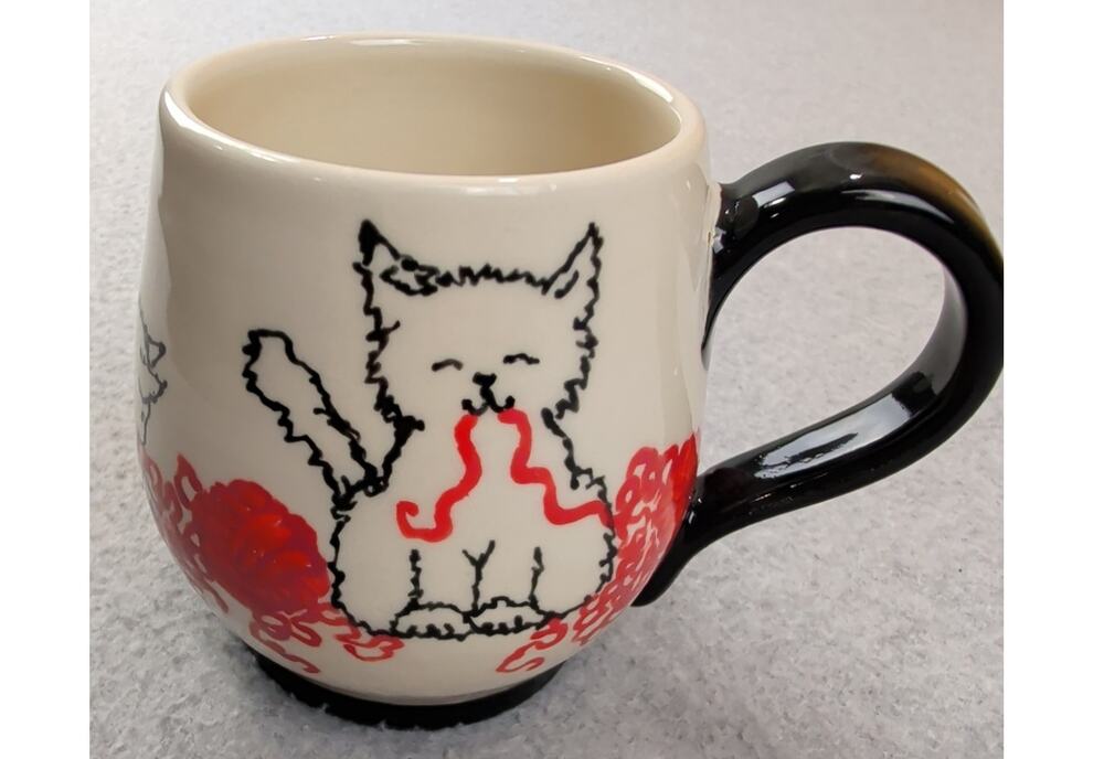Cat Mug Hand Painted Ceramic Whimsical Cat Playing with Red Yarn Artist Signed
